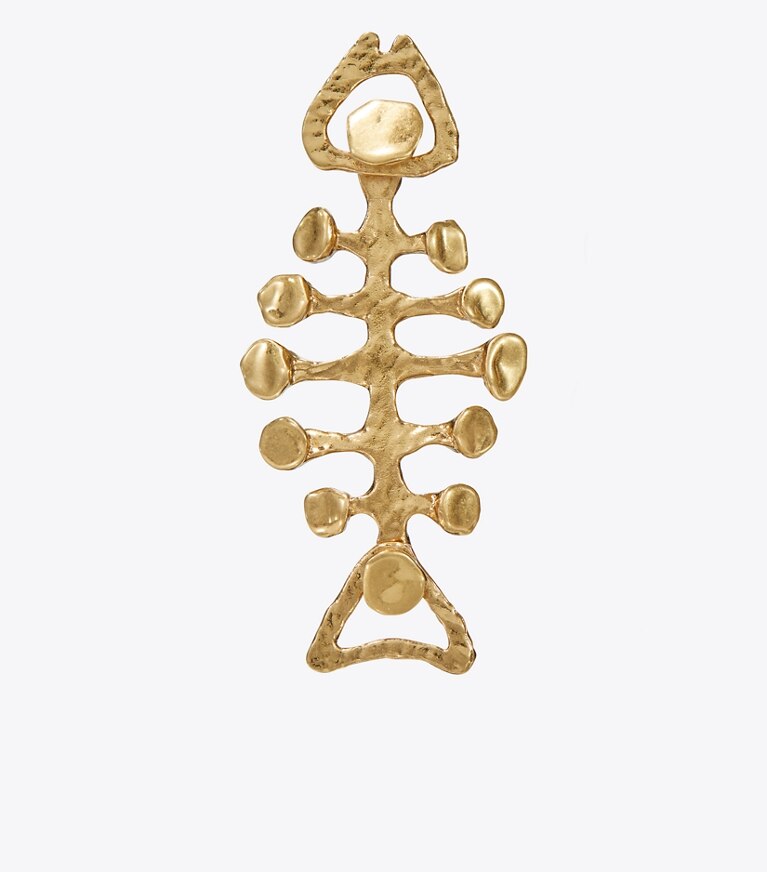 Tory Burch designer earrings Brutalist Fish Earring in Antique Light Brass front