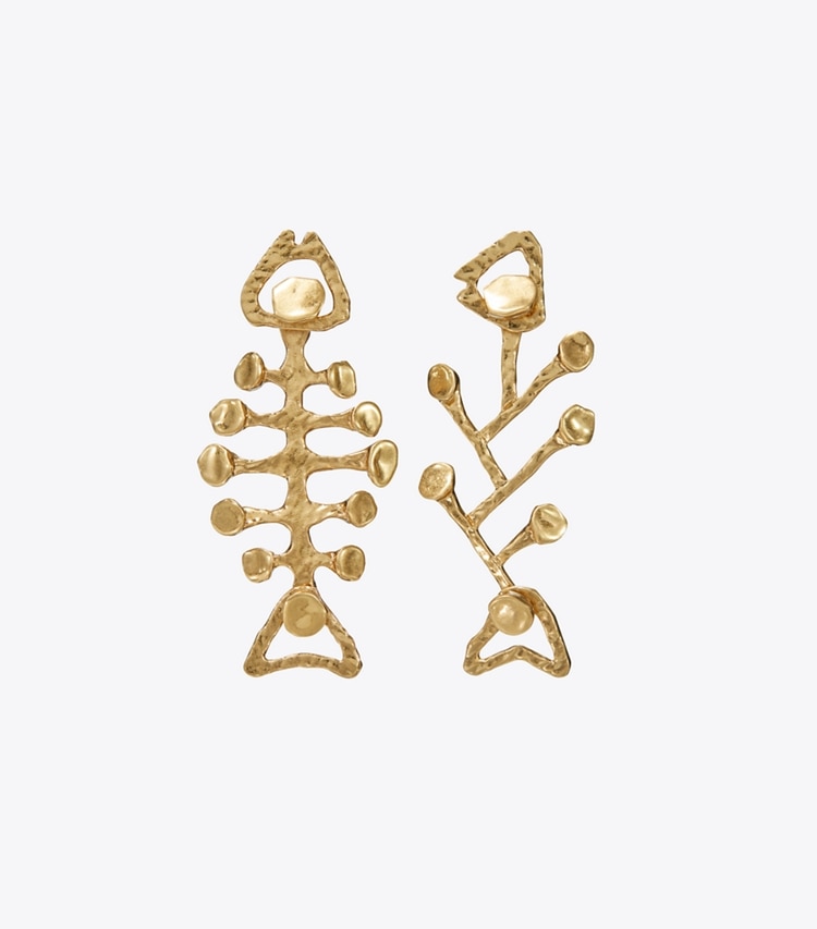 Tory Burch designer earrings Brutalist Fish Earring in Antique Light Brass front
