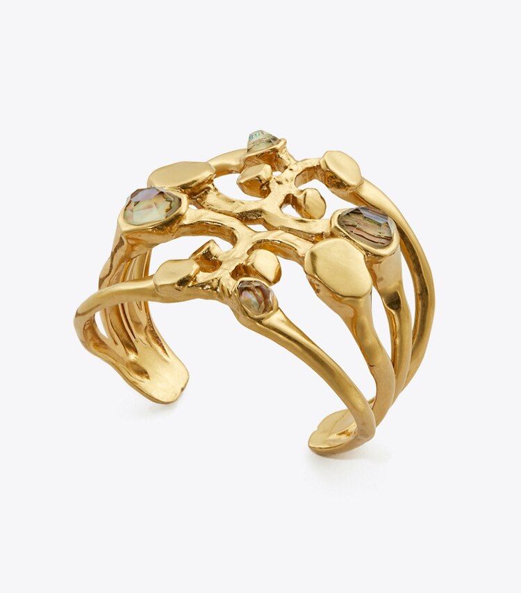 Tory Burch designer bracelets Brutalist Logo Cuff in Antique Light Brass / Abalone detail