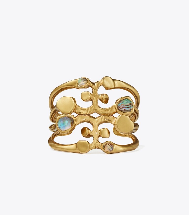 Tory Burch designer bracelets Brutalist Logo Cuff in Antique Light Brass / Abalone front