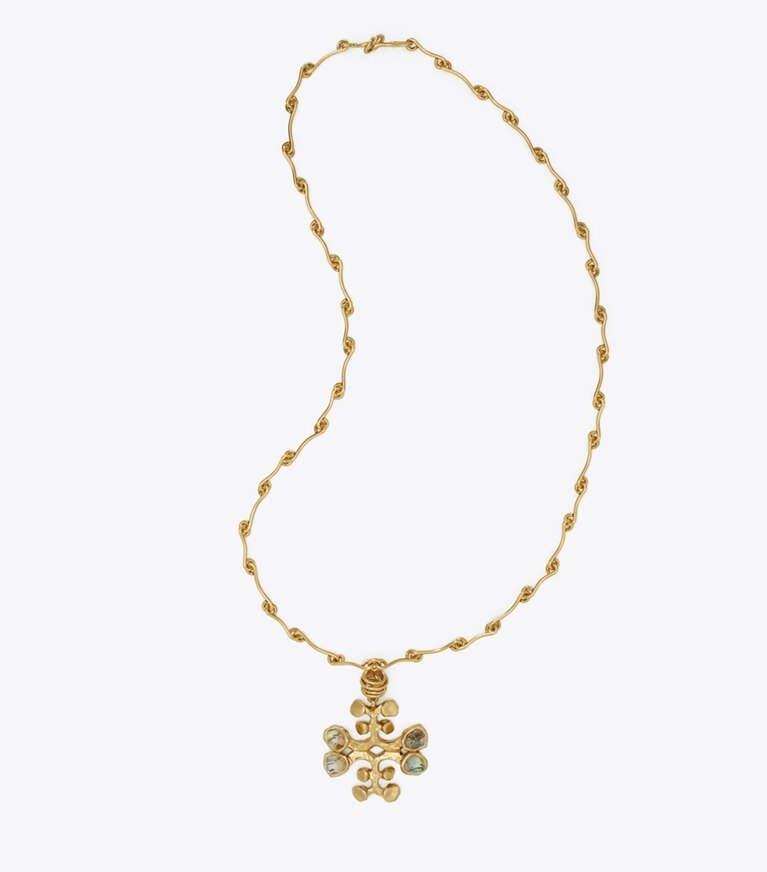 Tory Burch designer halsketten Brutalist Logo-Halskette mit Anhänger in Antique Light Brass / Abalone front