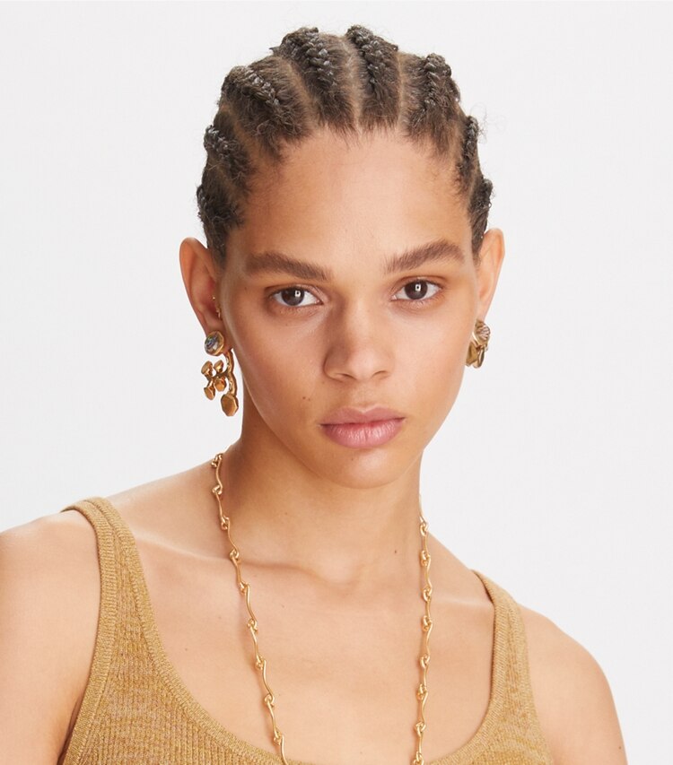 Tory Burch designer necklaces Brutalist Logo Pendant in Antique Light Brass / Abalone additional on model