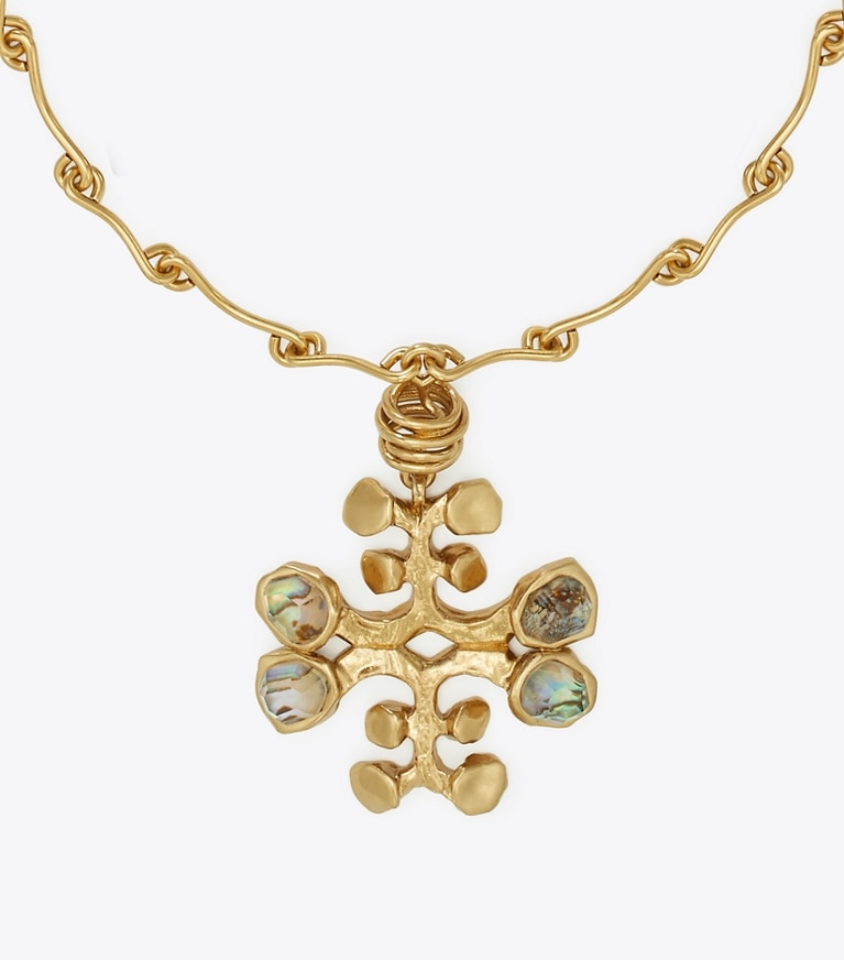 Tory Burch designer necklaces Brutalist Logo Pendant in Antique Light Brass / Abalone front