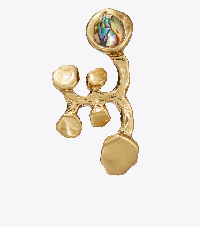 Tory Burch designer earrings Brutalist Mismatched Earrings in Antique Light Brass / Abalone front