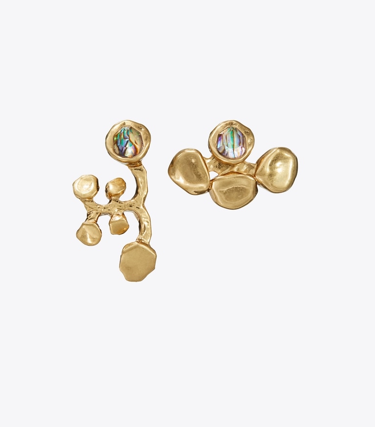 Tory Burch designer earrings Brutalist Mismatched Earrings in Antique Light Brass / Abalone front
