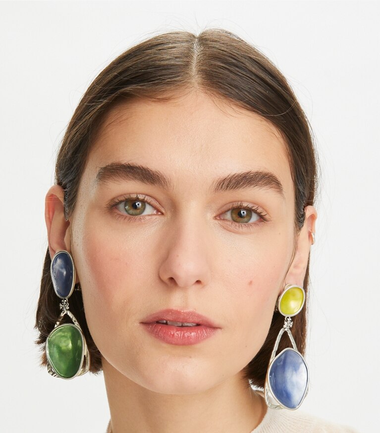 Tory Burch designer earrings Brutalist Pebble Earring in Antique Tory Silver / Purple / Green front