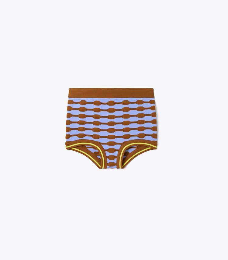 Tory Burch designer bottoms Bubble Stripe Knit Short in Toasted Nutmeg / Blue Hydrangea front