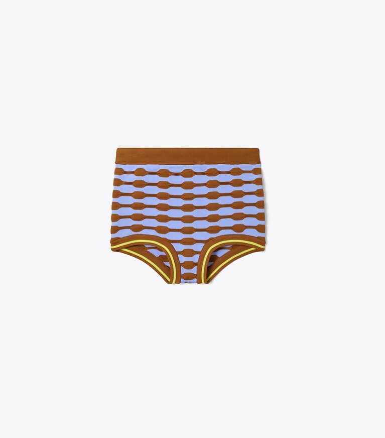 Tory Burch designer bottoms Bubble Stripe Knit Short in Toasted Nutmeg / Blue Hydrangea front