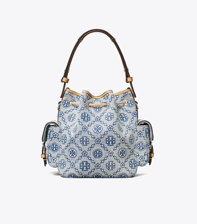 Tory Burch designer crossbody bags Bucket Bag aus Denim mit T-Monogramm in Powder Blue zurück
