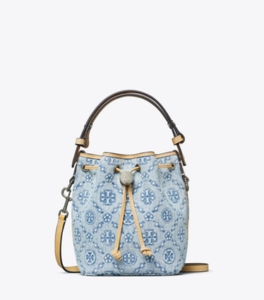 Tory Burch designer crossbody bags Bucket Bag aus Denim mit T-Monogramm in Powder Blue front