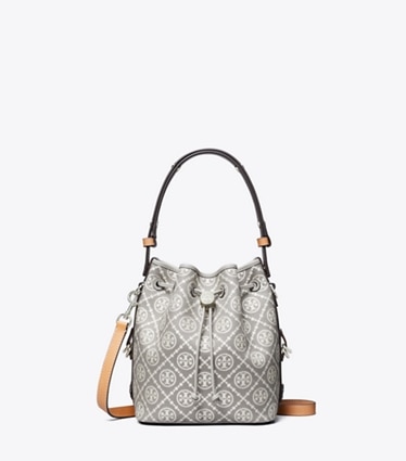 Tory Burch designer crossbody bags Bucket Bag im Utility-Stil mit T-Monogramm in Gray front