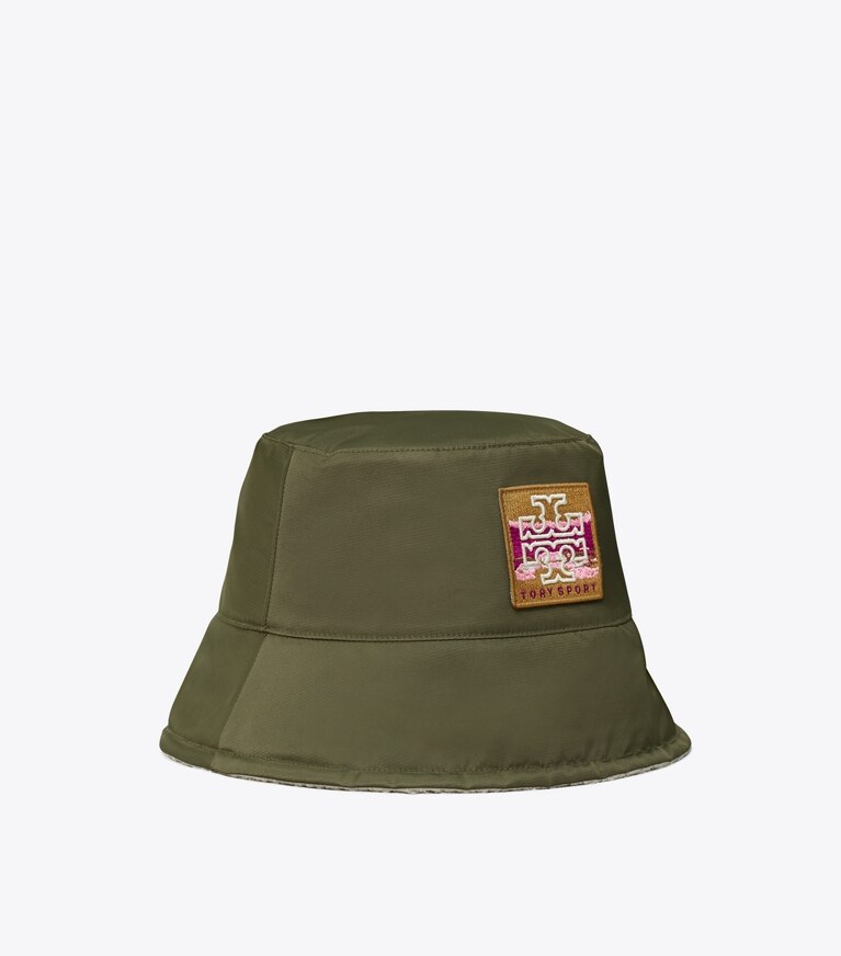Tory Sport designer hats Bucket Hat with Patch in Light Olive angle