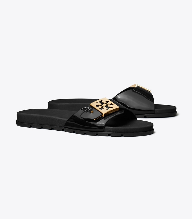 Tory Burch designer sandals Buckle Slide in PERFECT BLACK / GOLD / PERFECT BLACK angle