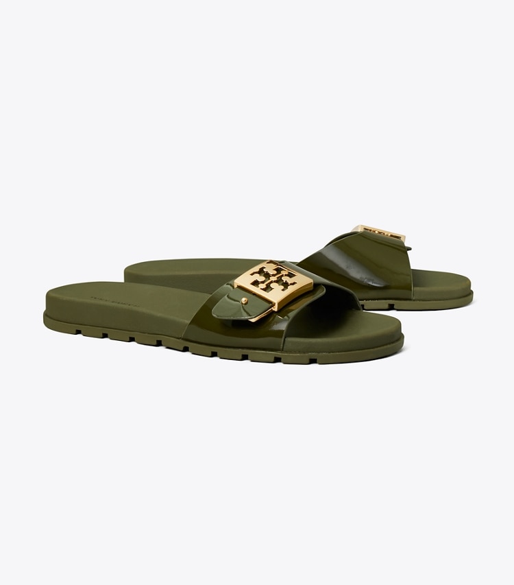 Tory Burch designer sandals Buckle Slide in LECCIO / GOLD angle