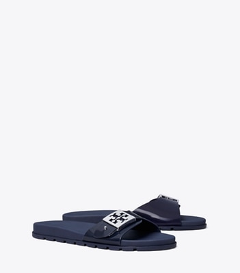 Tory Burch designer sandals Buckle Slide in NEW NAVY / SILVER angle