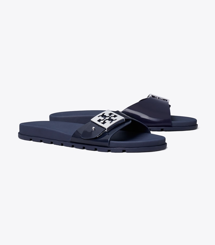 Tory Burch designer sandalen Buckle Slide in NEW NAVY / SILVER angle