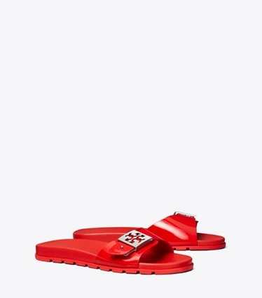 Tory Burch designer サンダル バックル スライド in LIPSTICK RED / SILVER angle