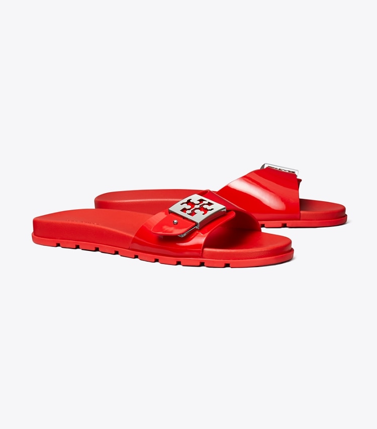 Tory Burch designer サンダル バックル スライド in LIPSTICK RED / SILVER angle