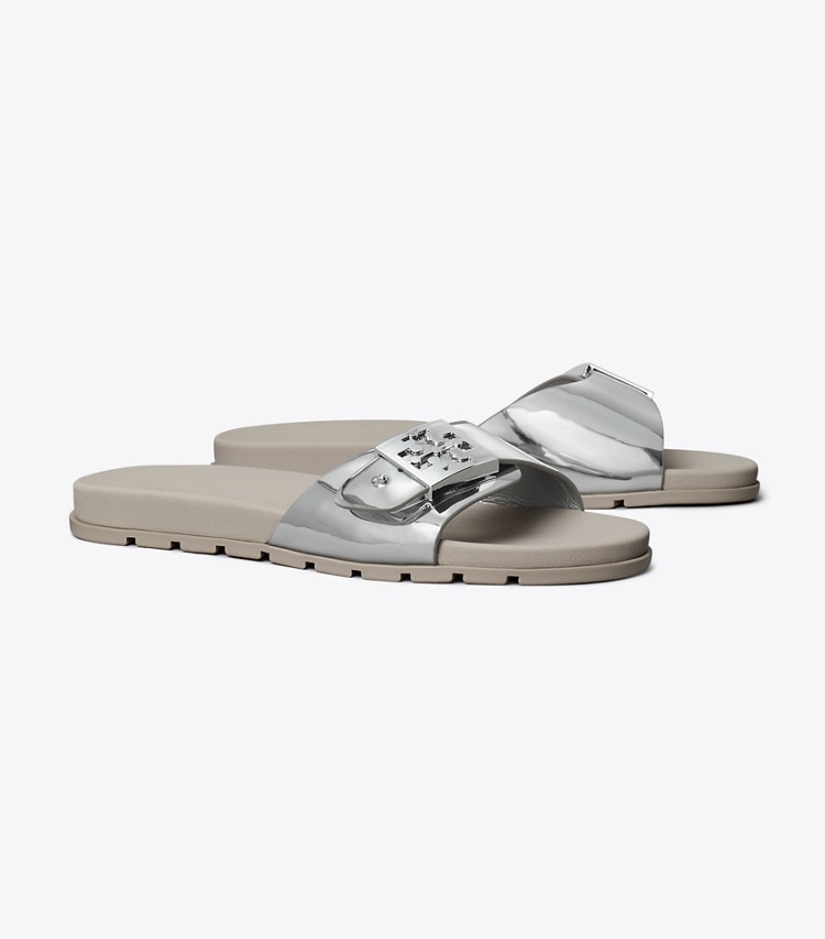 Tory Burch designer sandals Buckle Slide in SILVER / SILVER / ALUMINUM angle