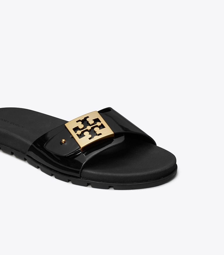 Tory Burch designer sandals Buckle Slide in PERFECT BLACK / GOLD / PERFECT BLACK angle