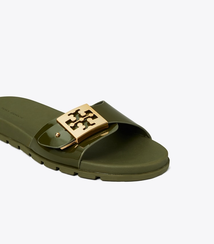 Tory Burch designer sandals Buckle Slide in LECCIO / GOLD detail