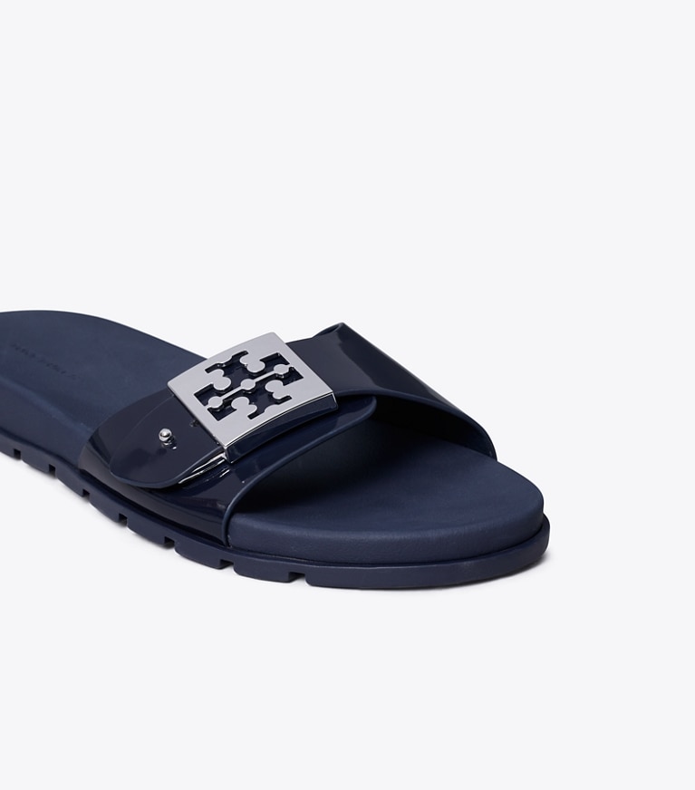 Tory Burch designer sandalen Buckle Slide in NEW NAVY / SILVER angle