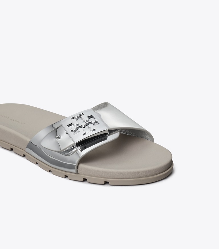 Tory Burch designer sandals Buckle Slide in SILVER / SILVER / ALUMINUM angle