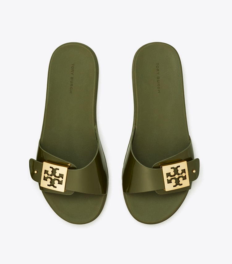Tory Burch designer sandals Buckle Slide in LECCIO / GOLD overhead