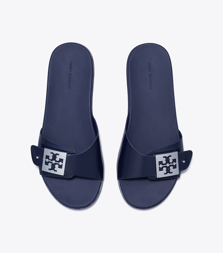 Tory Burch designer sandalen Buckle Slide in NEW NAVY / SILVER angle