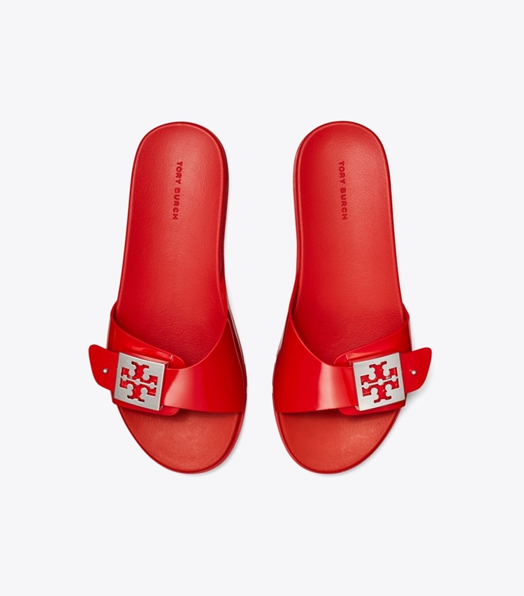 Tory Burch designer サンダル バックル スライド in LIPSTICK RED / SILVER オーバーヘッド