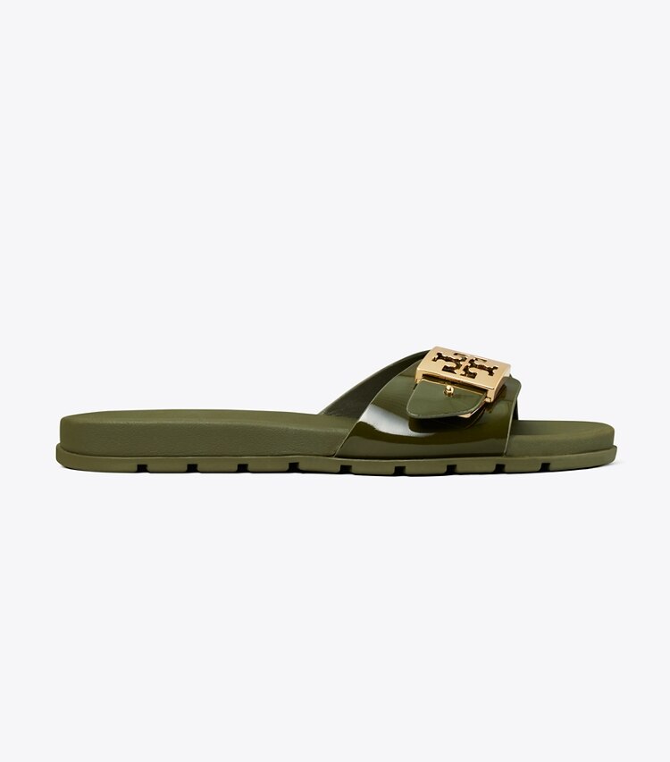 Tory Burch designer sandals Buckle Slide in LECCIO / GOLD side