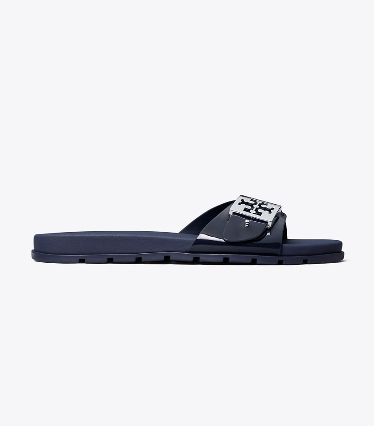 Tory Burch designer sandalen Buckle Slide in NEW NAVY / SILVER side