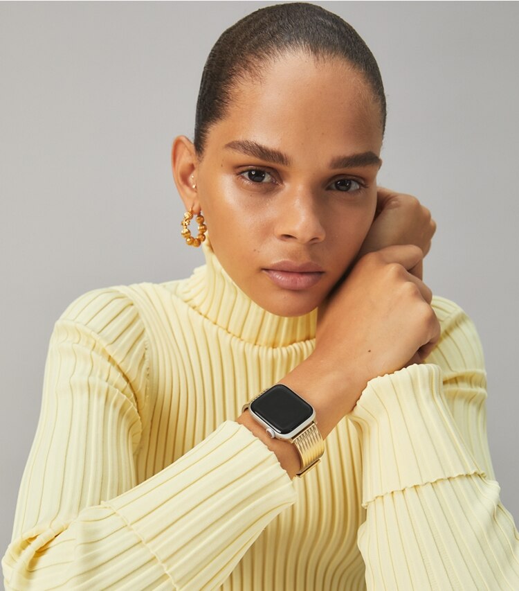 Tory Burch designer watches tory track smart watches Buddy Bangle Band for Apple Watch®, Gold-Tone, 38 MM – 40 MM in GOLD accessory on model