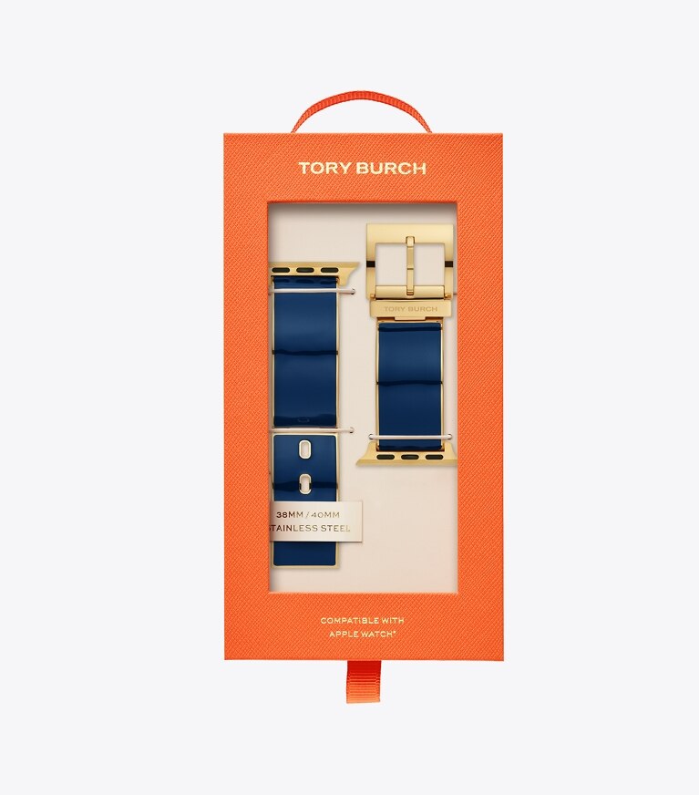 Tory Burch designer watches tory track smart watches Buddy Bangle Band for Apple Watch®, Gold-Tone/Navy, 38 MM x 40 MM in NAVY/GOLD front