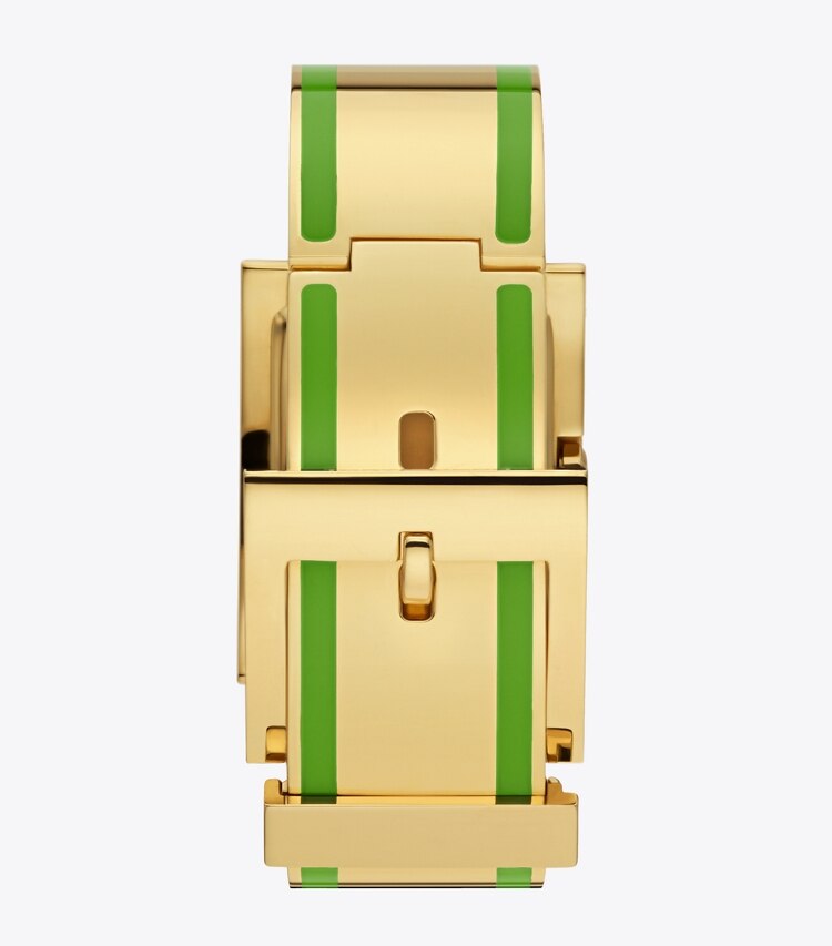 Tory Burch designer strap watches Buddy Bangle Watch, Gold-Tone/Multi-Color Stainless Steel, 26 x 32 MM in GOLD/GREEN/BLUE back