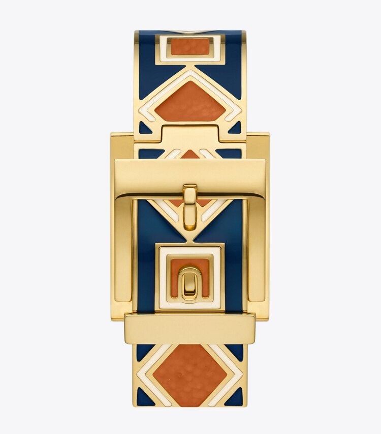 Tory Burch designer strap watches Buddy Bangle Watch, Navy/Gold-Tone Stainless Steel, 25 x 32MM  in IVORY MULTI back