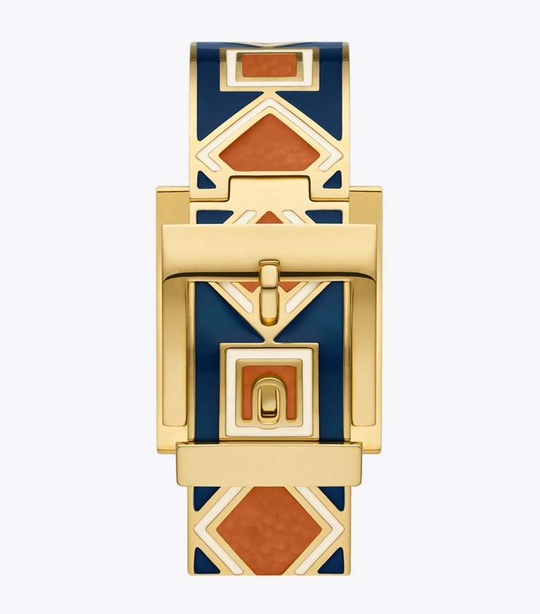 Tory Burch designer strap watches Buddy Bangle Watch, Navy/Gold-Tone Stainless Steel, 25 x 32MM  in IVORY MULTI front