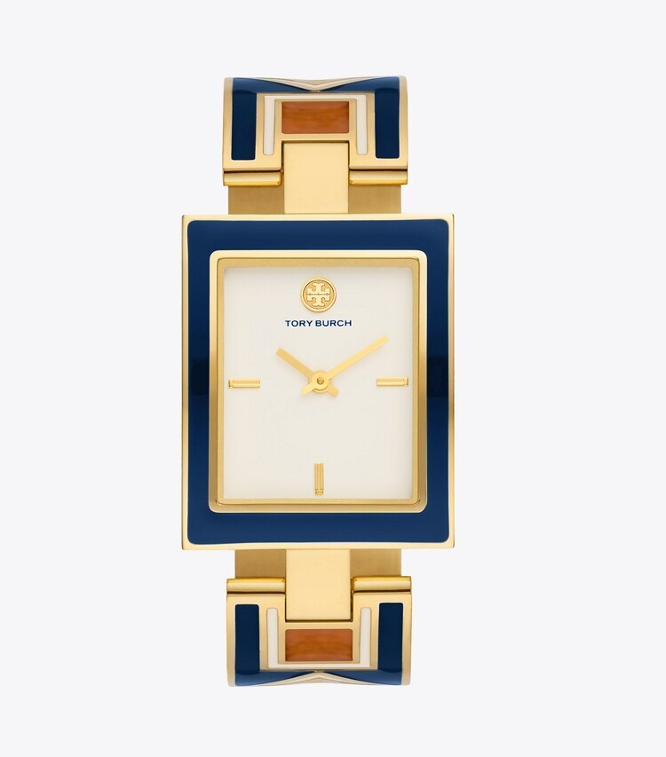 Tory Burch designer strap watches Buddy Bangle Watch, Navy/Gold-Tone Stainless Steel, 25 x 32MM  in IVORY MULTI front