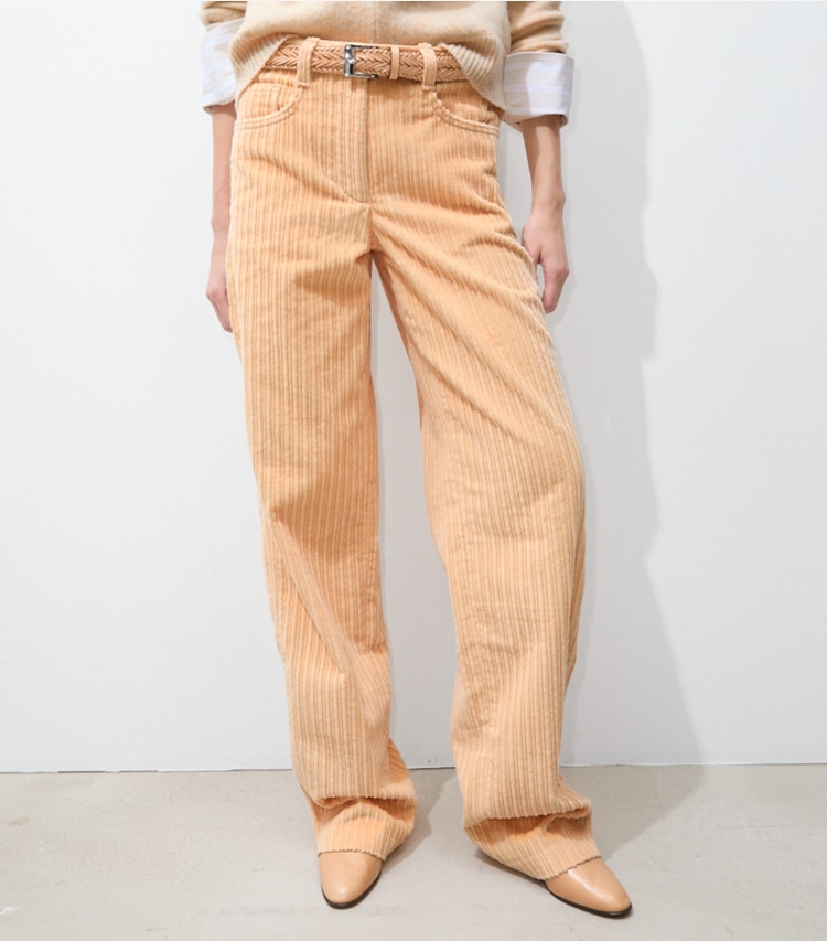 Tory Burch designer bottoms Buddy Corduroy Pant in Apricot on model detail