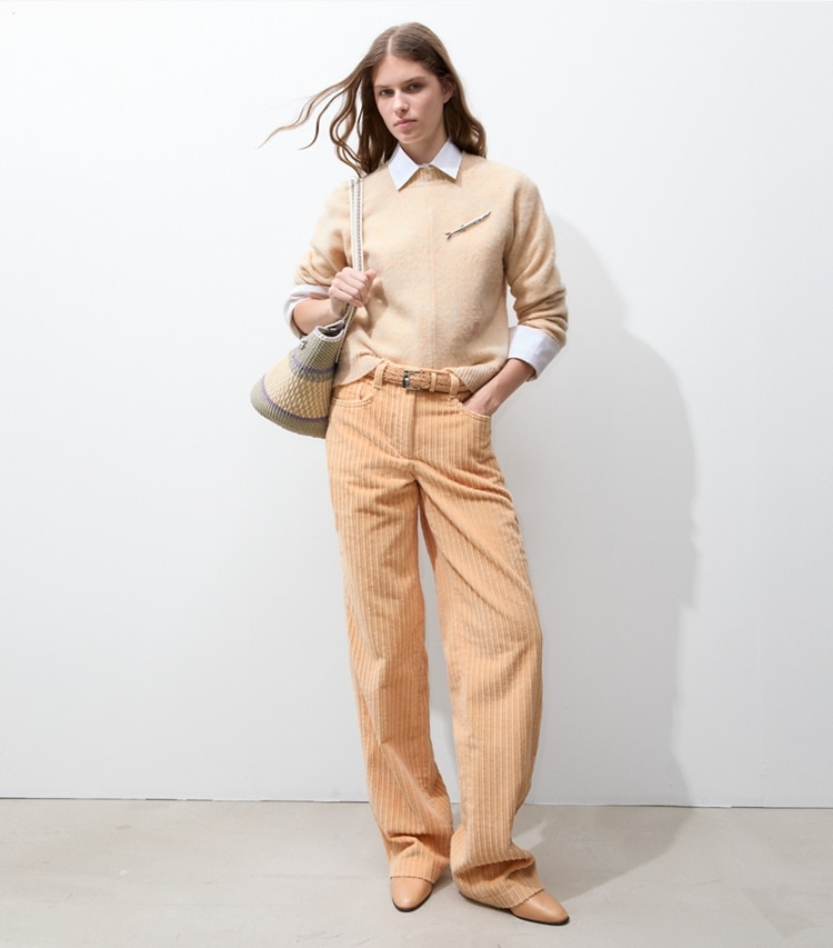 Tory Burch designer bottoms Buddy Corduroy Pant in Apricot on model front