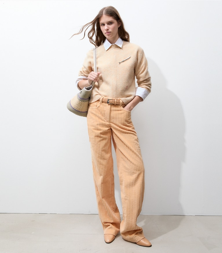 Tory Burch designer bottoms Buddy Corduroy Pant in Apricot on model front