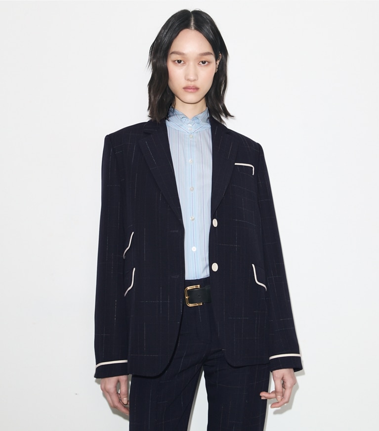 Tory Burch designer jacken Buddy Wolljacke in Dark Navy / Copper on model detail