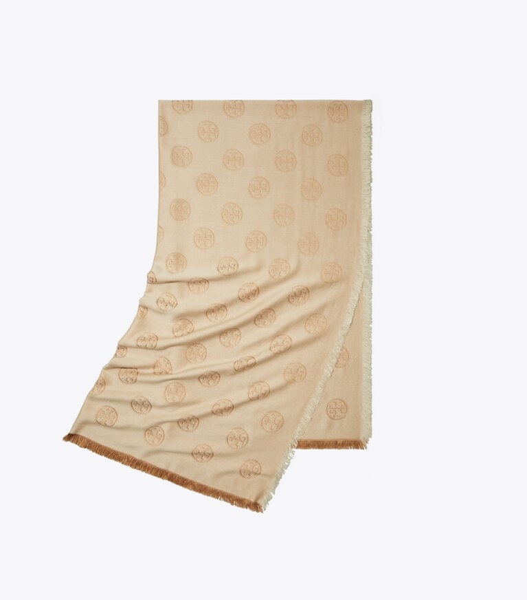 Tory Burch diseñador bufandas Bufanda de viaje alargada con logotipo de medallón en Camel plegado