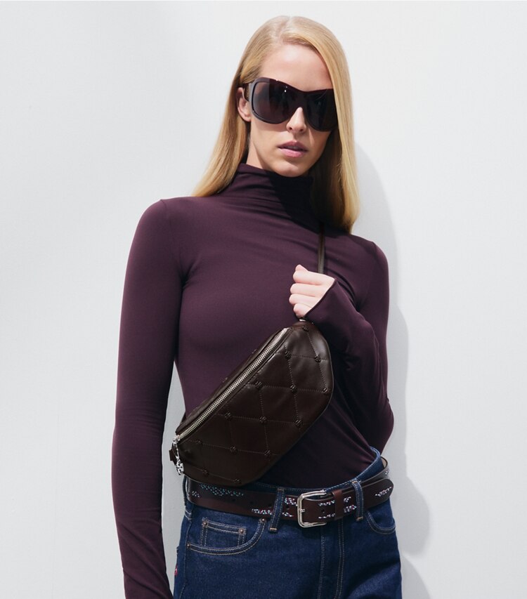 Tory Burch designer belt bags Bunny Knot Belt Bag in Cocoa accessory on model