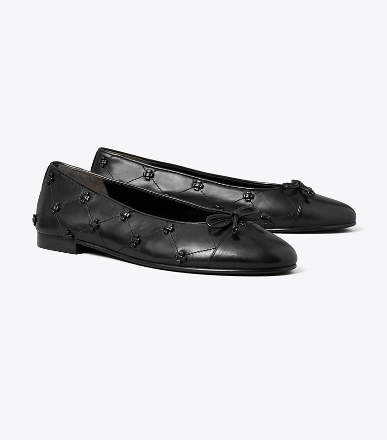 Tory Burch designer flats Bunny Knot Cap-Toe Ballet Flat in PERFECT BLACK / PERFECT BLACK angle