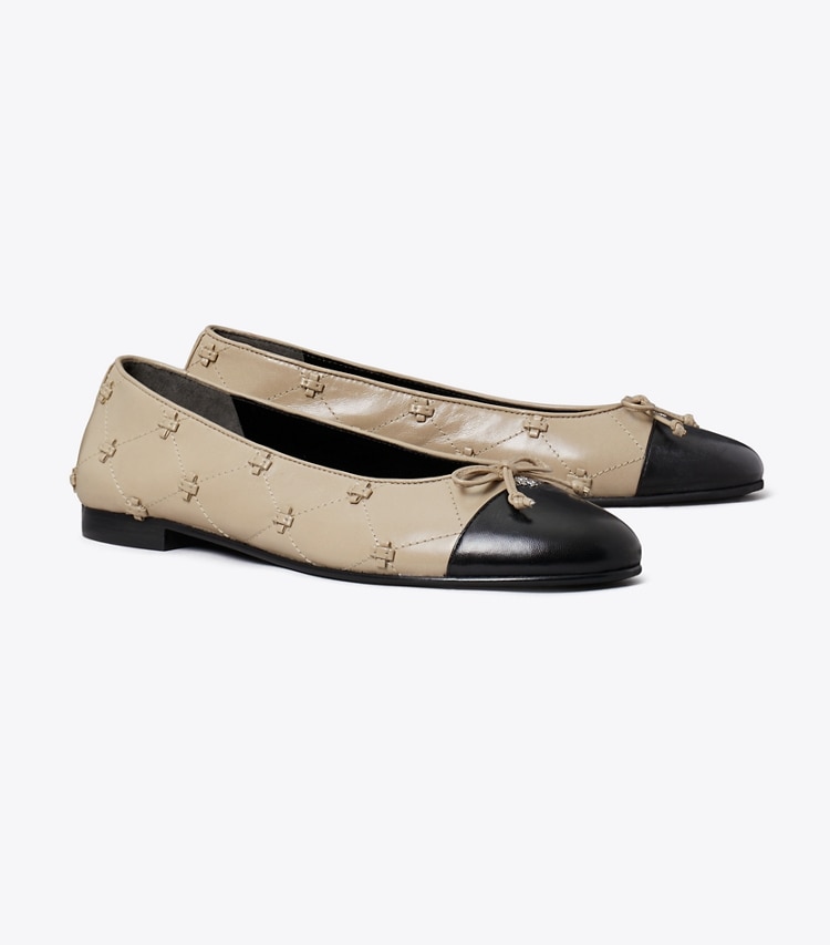Tory Burch designer flats Bunny Knot Cap-Toe Ballet Flat in SOFT CEMENT / PERFECT BLACK angle