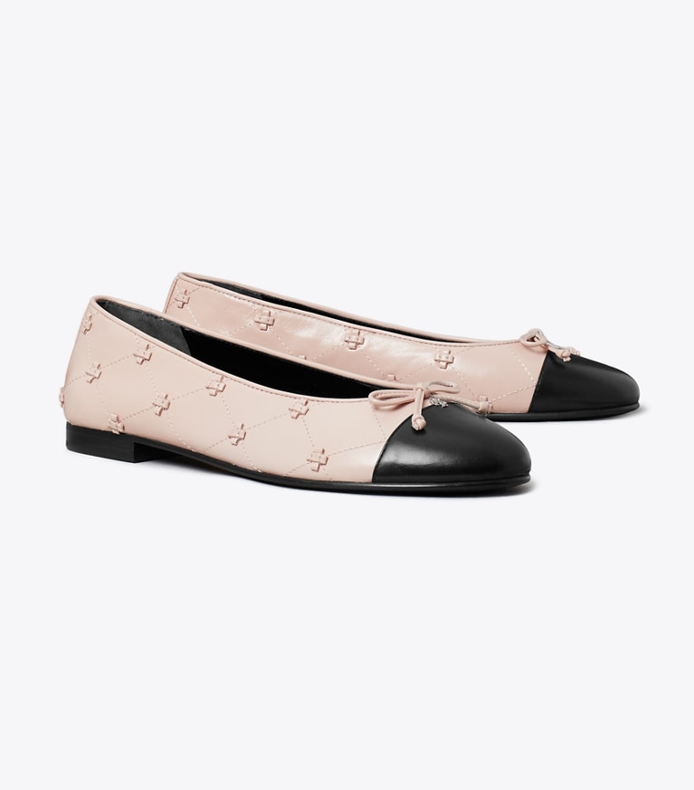 Tory Burch designer flats Bunny Knot Cap-Toe Ballet Flat in ROSE / BLACK angle