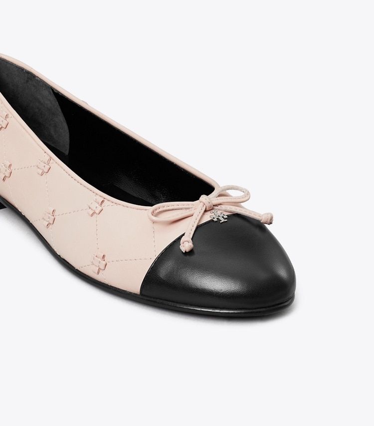 Tory Burch designer flats Bunny Knot Cap-Toe Ballet Flat in ROSE / BLACK detail