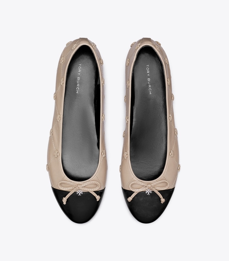 Tory Burch designer flats Bunny Knot Cap-Toe Ballet Flat in SOFT CEMENT / PERFECT BLACK overhead