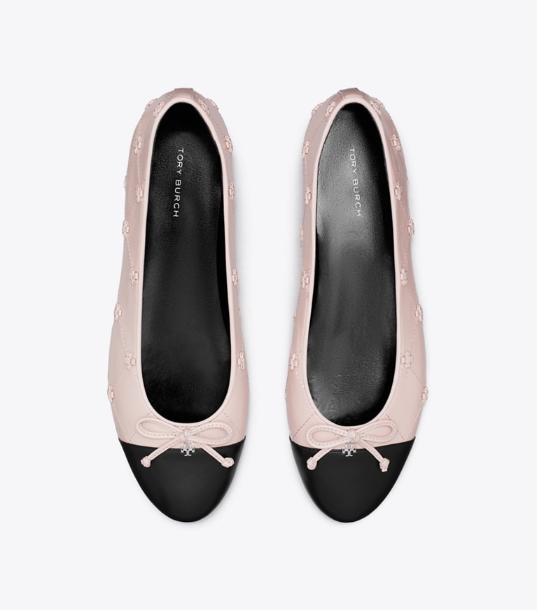 Tory Burch designer flats Bunny Knot Cap-Toe Ballet Flat in ROSE / BLACK overhead